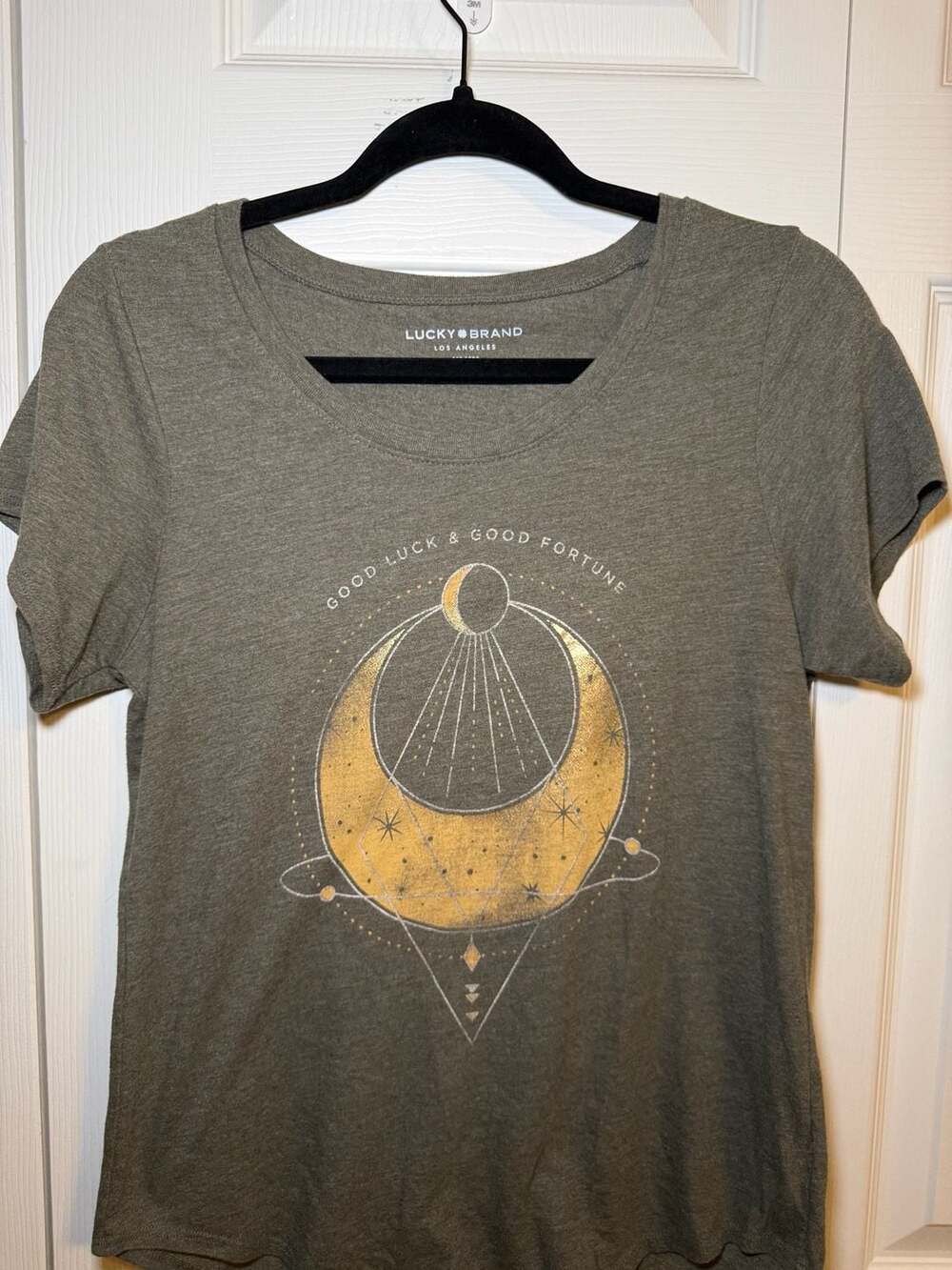 Lucky Brand Good Luck & Good Fortune Celestial Moon Graphic Tee Shirt Olive